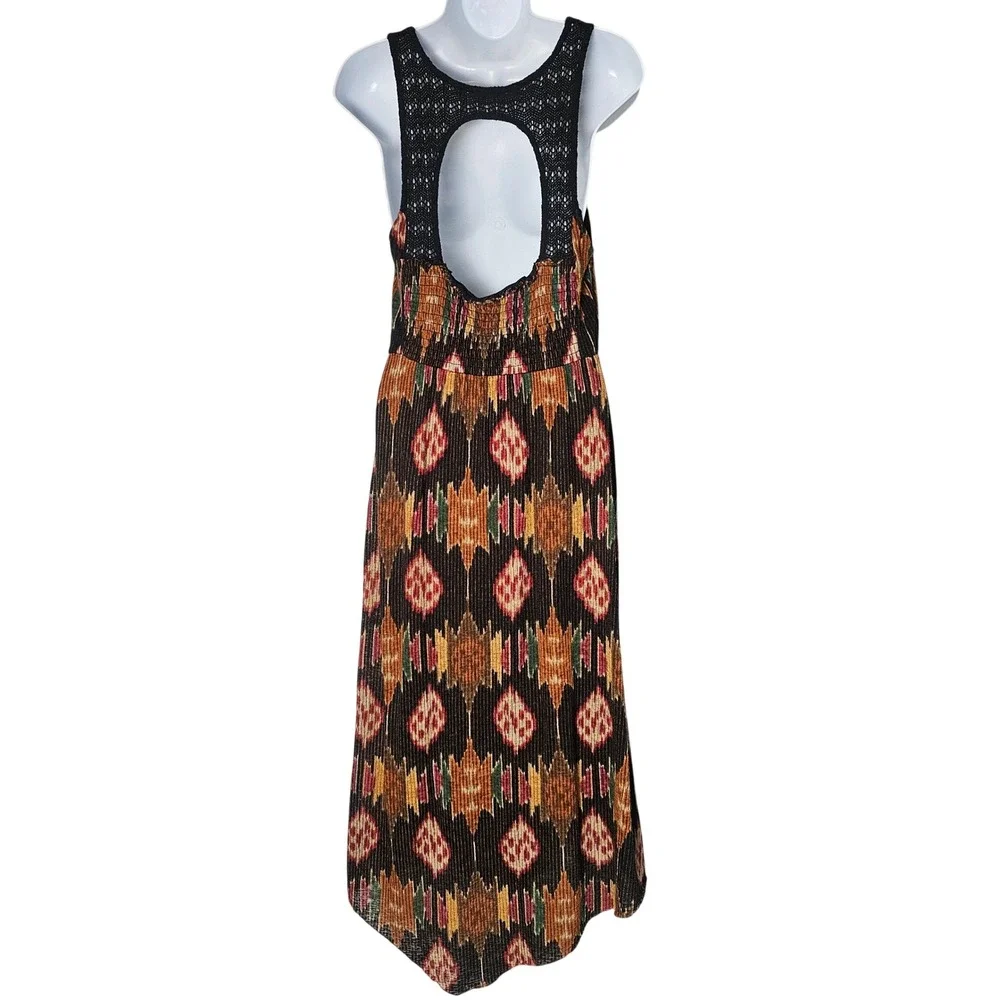 Free People Black Midi Dress with Rust, Mustard & Olive Ikat Print